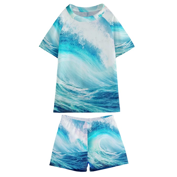 Tsunami Waves Ocean Sea Nautical Nature Water Nature Kids  Swim Tee and Shorts Set