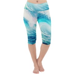 Tsunami Waves Ocean Sea Nautical Nature Water Nature Lightweight Velour Cropped Yoga Leggings by Ravend