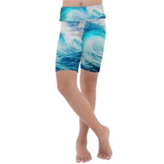 Tsunami Waves Ocean Sea Nautical Nature Water Nature Kids  Lightweight Velour Cropped Yoga Leggings by Ravend