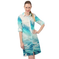 Tsunami Waves Ocean Sea Nautical Nature Water Nature Long Sleeve Mini Shirt Dress by Ravend