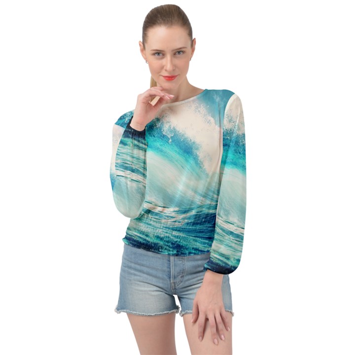 Tsunami Waves Ocean Sea Nautical Nature Water Nature Banded Bottom Chiffon Top