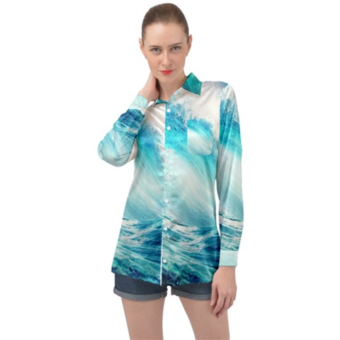 Tsunami Waves Ocean Sea Nautical Nature Water Nature Long Sleeve Satin Shirt by Ravend