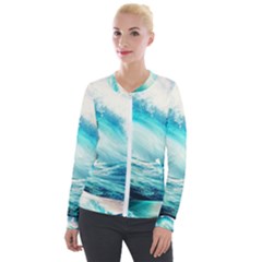 Tsunami Waves Ocean Sea Nautical Nature Water Nature Velvet Zip Up Jacket by Ravend