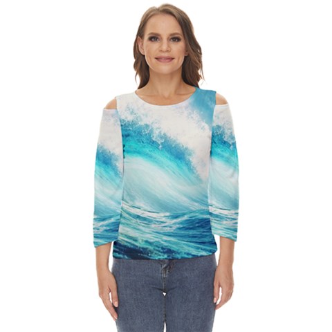 Tsunami Waves Ocean Sea Nautical Nature Water Nature Cut Out Wide Sleeve Top by Ravend