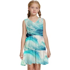 Tsunami Waves Ocean Sea Nautical Nature Water Nature Kids  Sleeveless Tiered Mini Dress by Ravend