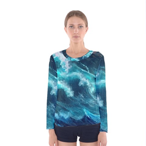 Thunderstorm Tsunami Tidal Wave Ocean Waves Sea Women s Long Sleeve Tee by Ravend