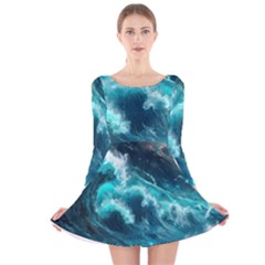 Thunderstorm Tsunami Tidal Wave Ocean Waves Sea Long Sleeve Velvet Skater Dress by Ravend