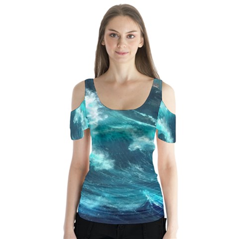 Thunderstorm Tsunami Tidal Wave Ocean Waves Sea Butterfly Sleeve Cutout Tee  by Ravend