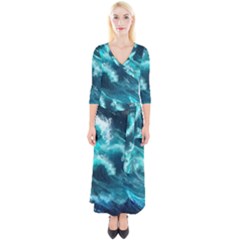 Thunderstorm Tsunami Tidal Wave Ocean Waves Sea Quarter Sleeve Wrap Maxi Dress by Ravend