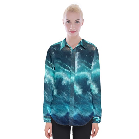 Thunderstorm Tsunami Tidal Wave Ocean Waves Sea Womens Long Sleeve Shirt by Ravend