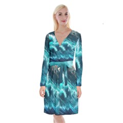 Thunderstorm Tsunami Tidal Wave Ocean Waves Sea Long Sleeve Velvet Front Wrap Dress by Ravend