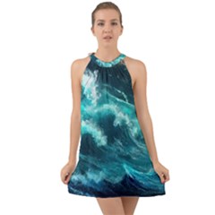 Thunderstorm Tsunami Tidal Wave Ocean Waves Sea Halter Tie Back Chiffon Dress by Ravend