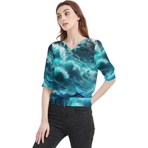 Thunderstorm Tsunami Tidal Wave Ocean Waves Sea Quarter Sleeve Blouse by Ravend