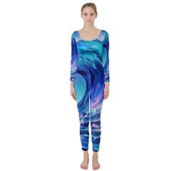 Tsunami Tidal Wave Ocean Waves Sea Nature Water Blue Long Sleeve Catsuit by Ravend