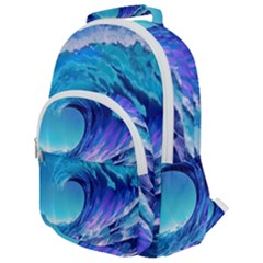 Tsunami Tidal Wave Ocean Waves Sea Nature Water Blue Rounded Multi Pocket Backpack by Ravend