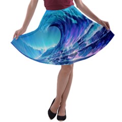 Tsunami Tidal Wave Ocean Waves Sea Nature Water Blue A-line Skater Skirt by Ravend