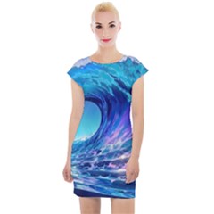 Tsunami Tidal Wave Ocean Waves Sea Nature Water Blue Cap Sleeve Bodycon Dress by Ravend