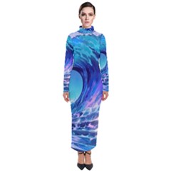 Tsunami Tidal Wave Ocean Waves Sea Nature Water Blue Turtleneck Maxi Dress by Ravend