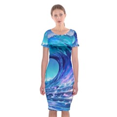 Tsunami Tidal Wave Ocean Waves Sea Nature Water Blue Classic Short Sleeve Midi Dress by Ravend