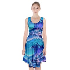 Tsunami Tidal Wave Ocean Waves Sea Nature Water Blue Racerback Midi Dress by Ravend