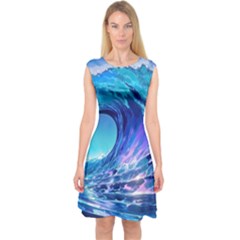 Tsunami Tidal Wave Ocean Waves Sea Nature Water Blue Capsleeve Midi Dress by Ravend