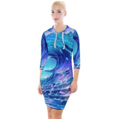 Tsunami Tidal Wave Ocean Waves Sea Nature Water Blue Quarter Sleeve Hood Bodycon Dress by Ravend