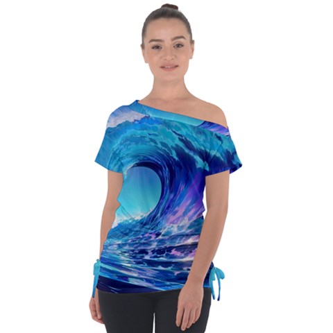 Tsunami Tidal Wave Ocean Waves Sea Nature Water Blue Off Shoulder Tie-up Tee by Ravend