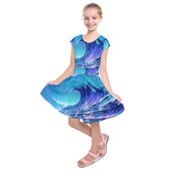 Tsunami Tidal Wave Ocean Waves Sea Nature Water Blue Kids  Short Sleeve Dress by Ravend