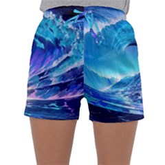 Tsunami Tidal Wave Ocean Waves Sea Nature Water Blue Sleepwear Shorts by Ravend