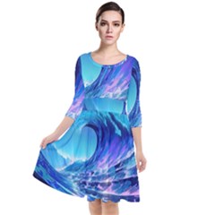 Tsunami Tidal Wave Ocean Waves Sea Nature Water Blue Quarter Sleeve Waist Band Dress by Ravend