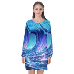 Tsunami Tidal Wave Ocean Waves Sea Nature Water Blue Long Sleeve Chiffon Shift Dress  by Ravend