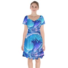 Tsunami Tidal Wave Ocean Waves Sea Nature Water Blue Short Sleeve Bardot Dress by Ravend