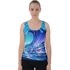 Tsunami Tidal Wave Ocean Waves Sea Nature Water Blue Velvet Tank Top by Ravend