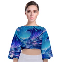 Tsunami Tidal Wave Ocean Waves Sea Nature Water Blue Tie Back Butterfly Sleeve Chiffon Top by Ravend