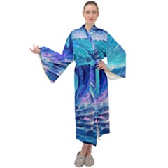 Tsunami Tidal Wave Ocean Waves Sea Nature Water Blue Maxi Velvet Kimono by Ravend