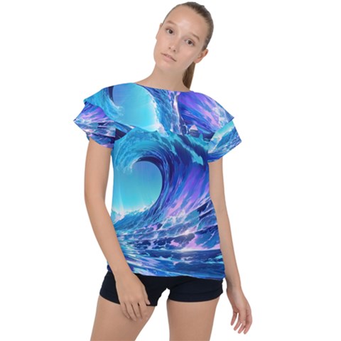 Tsunami Tidal Wave Ocean Waves Sea Nature Water Blue Ruffle Collar Chiffon Blouse by Ravend