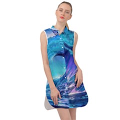 Tsunami Tidal Wave Ocean Waves Sea Nature Water Blue Sleeveless Shirt Dress by Ravend