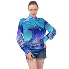 Tsunami Tidal Wave Ocean Waves Sea Nature Water Blue High Neck Long Sleeve Chiffon Top by Ravend