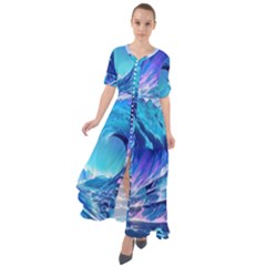 Tsunami Tidal Wave Ocean Waves Sea Nature Water Blue Waist Tie Boho Maxi Dress by Ravend