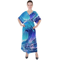 Tsunami Tidal Wave Ocean Waves Sea Nature Water Blue V-neck Boho Style Maxi Dress by Ravend