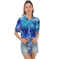 Tsunami Tidal Wave Ocean Waves Sea Nature Water Blue Tie Front Shirt  by Ravend