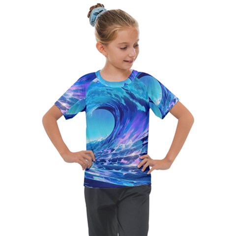 Tsunami Tidal Wave Ocean Waves Sea Nature Water Blue Kids  Mesh Piece Tee by Ravend