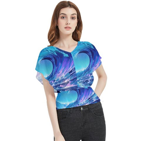 Tsunami Tidal Wave Ocean Waves Sea Nature Water Blue Butterfly Chiffon Blouse by Ravend