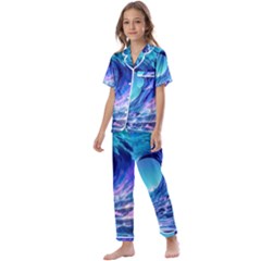 Tsunami Tidal Wave Ocean Waves Sea Nature Water Blue Kids  Satin Short Sleeve Pajamas Set by Ravend