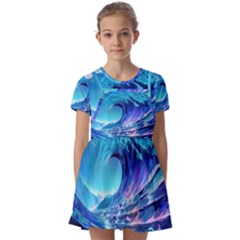 Tsunami Tidal Wave Ocean Waves Sea Nature Water Blue Kids  Short Sleeve Pinafore Style Dress