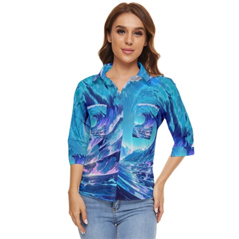 Tsunami Tidal Wave Ocean Waves Sea Nature Water Blue Women s Quarter Sleeve Pocket Shirt by Ravend