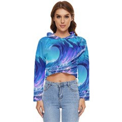 Tsunami Tidal Wave Ocean Waves Sea Nature Water Blue Women s Lightweight Cropped Hoodie by Ravend