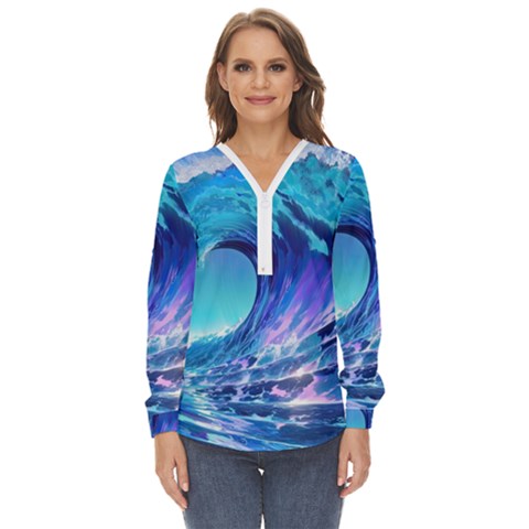 Tsunami Tidal Wave Ocean Waves Sea Nature Water Blue Zip Up Long Sleeve Blouse by Ravend