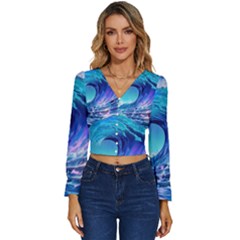 Tsunami Tidal Wave Ocean Waves Sea Nature Water Blue Long Sleeve V-neck Top