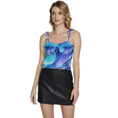 Tsunami Tidal Wave Ocean Waves Sea Nature Water Blue Flowy Camisole Tie Up Top